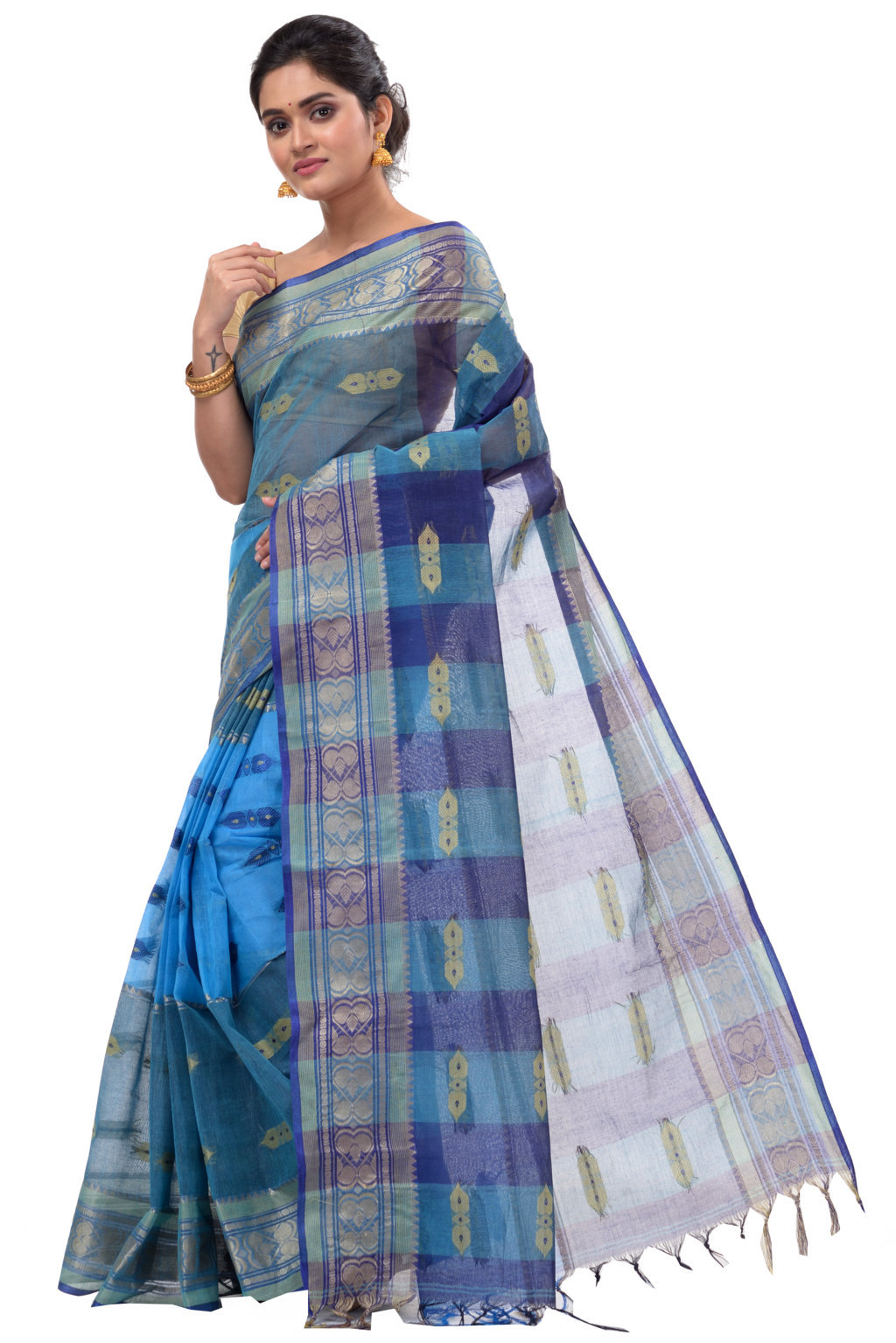 Blue Pure Cotton Raj Nandi Desigine Tant Saree (754)